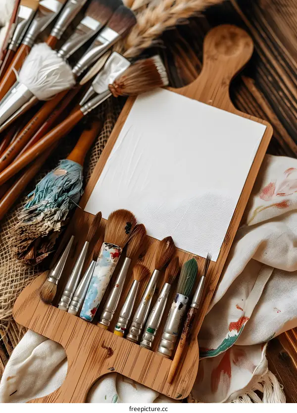 Paint Brushes And Canvas On Wooden Board