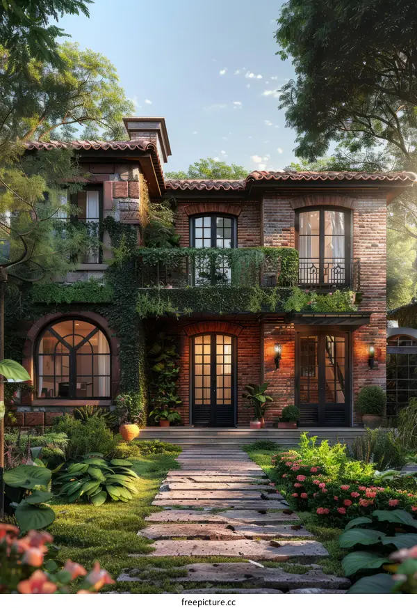 European-style retro brick house surrounded by plants and flowers