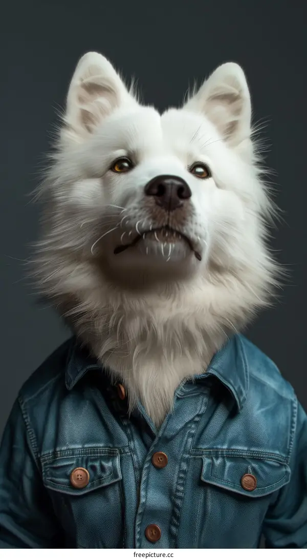 A white fluffy dog wearing a blue denim shirt