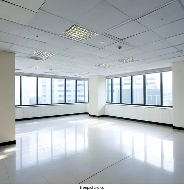 Empty Office Space with Large Windows and White Walls