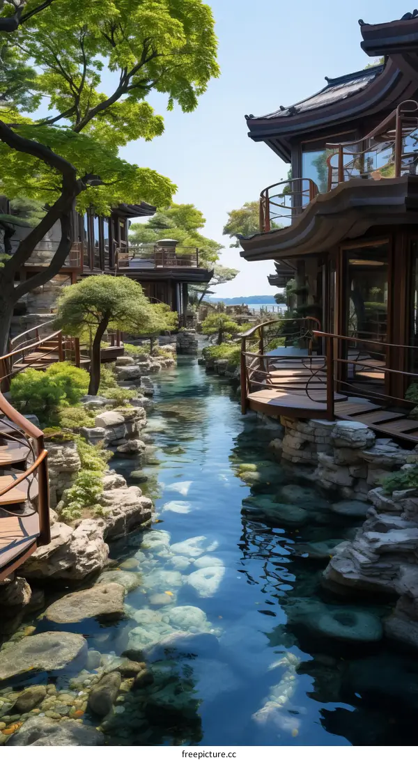 A beautiful Japanese house with a river flowing through it