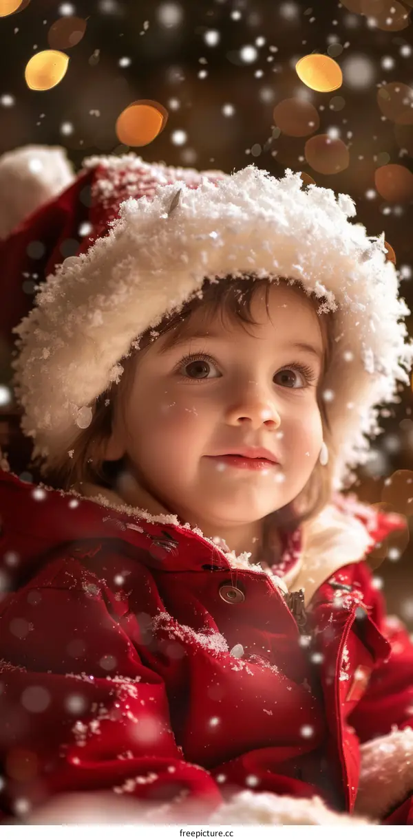 Little girl in red coat and Santa hat looking at snowfall with blurred lights in the background