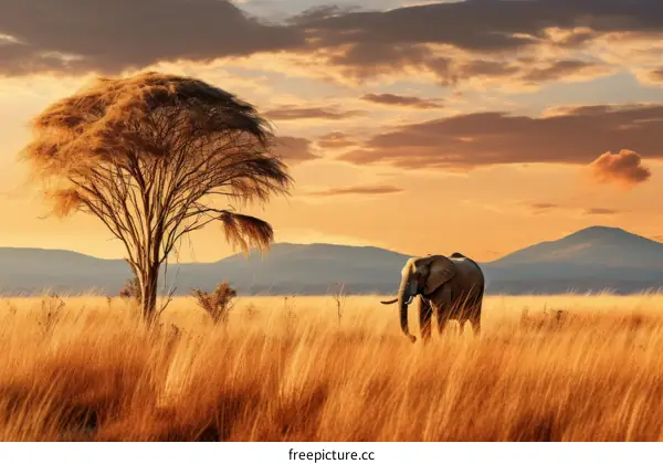 Elephant walking through the tall grass at sunset with a large tree nearby