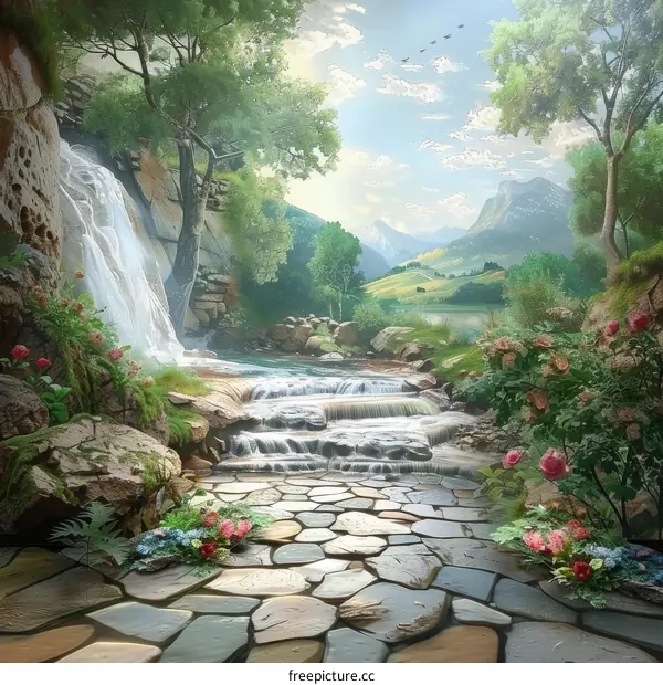 Fantasy Landscape with Waterfalls and Stone Path