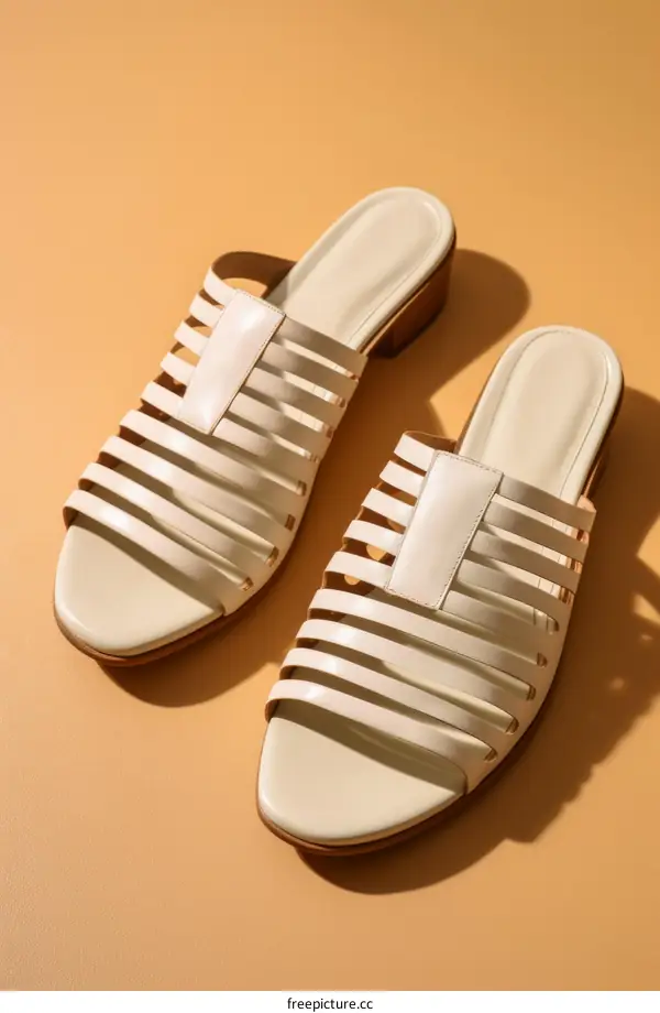 Fashionable white leather sandals with thick heels