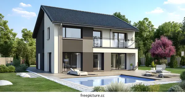 Modern Two Story House with Swimming Pool and Patio