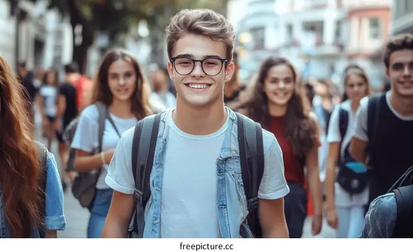 Group of Teenagers Walking Down City Street