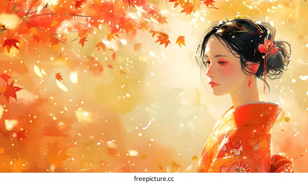 An Asian woman wearing a kimono is standing in a field of red maple leaves.