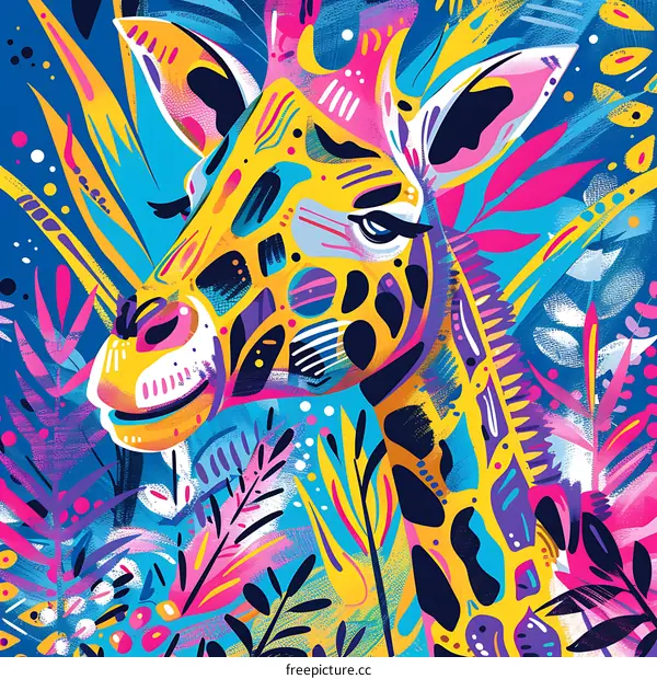 Colorful Abstract Illustration of a Giraffe in a Jungle