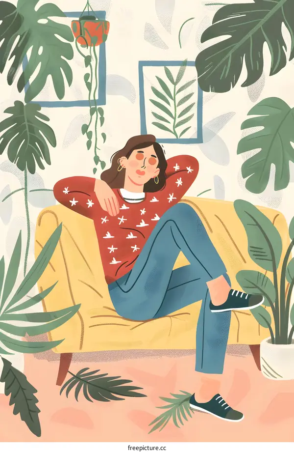 Woman Relaxing on a Couch in a Room Full of Plants