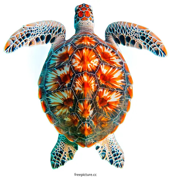 An orange and green sea turtle photographed from above