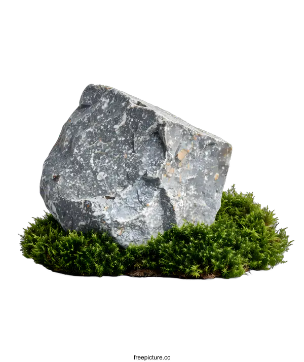 [Transparent Background PNG]Grey Stone on Green Moss with Grey Background
