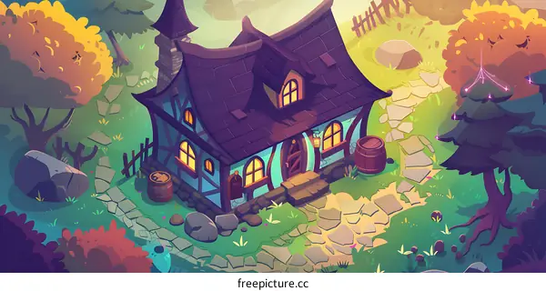 Cartoon Illustration of a Cozy Cottage in the Woods