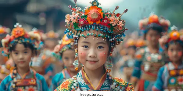 A young girl wearing a traditional Chinese headdress smiles at the camera