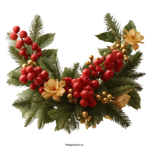 [Transparent Background PNG]Christmas Wreath with Red Berries and Yellow Flowers