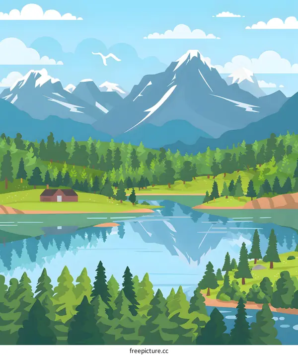 Mountain Lake Scene With Cabin And Trees