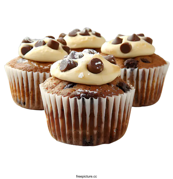 [Transparent Background PNG]Close-up image of chocolate cupcakes with white frosting and chocolate chips
