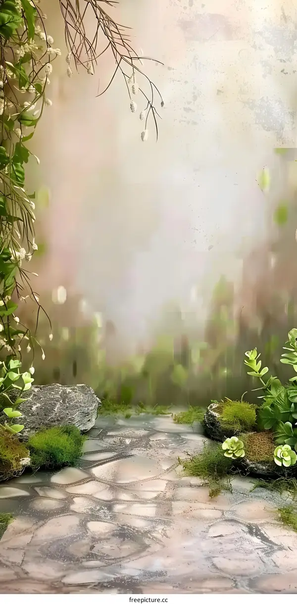 Stone Pathway With Greenery and Bokeh Background