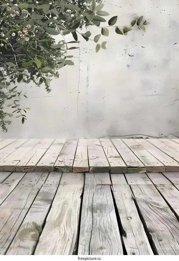 White Wooden Plank Floor With Concrete Wall And Green Leaves