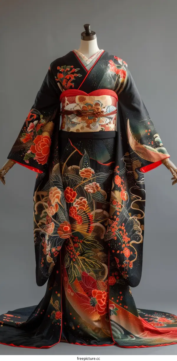 A kimono with a pattern of flowers and birds