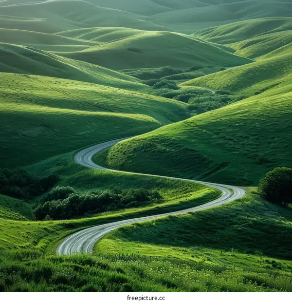 Scenic view of a winding road through green hills