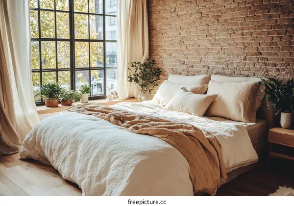Cozy Bedroom with Big Window and Brick Wall