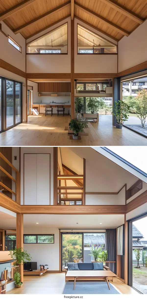 Modern Japanese Style House with Wooden Beams and Large Windows