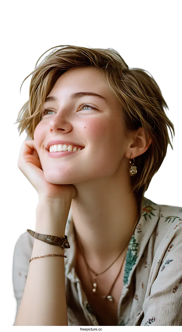 [Transparent Background PNG]Close-up Portrait of a Smiling Woman with a Dreamy Expression