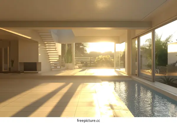 Modern Interior Design With Swimming Pool And Sunset View
