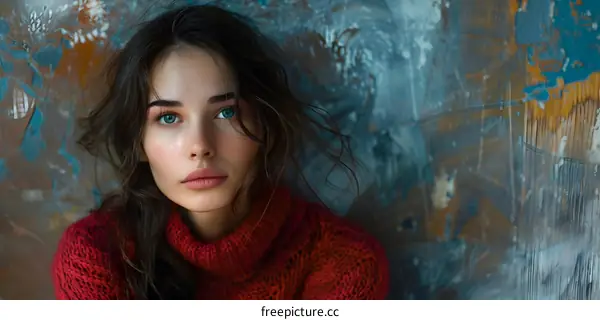 Portrait of a beautiful young woman with blue eyes and brown hair wearing a red sweater