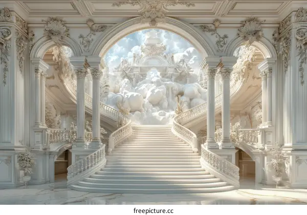 Ornate White Marble Staircase and Statues
