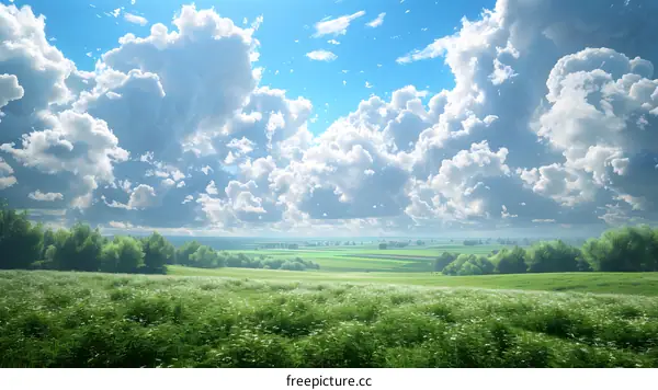Green field with white flowers and blue sky