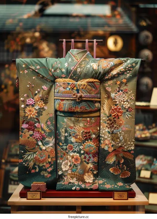 A kimono with a floral pattern and a phoenix bird