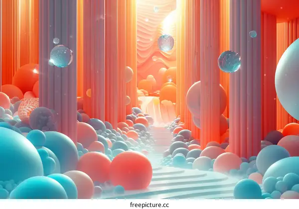 Surreal Corridor of Pink and Blue Spheres