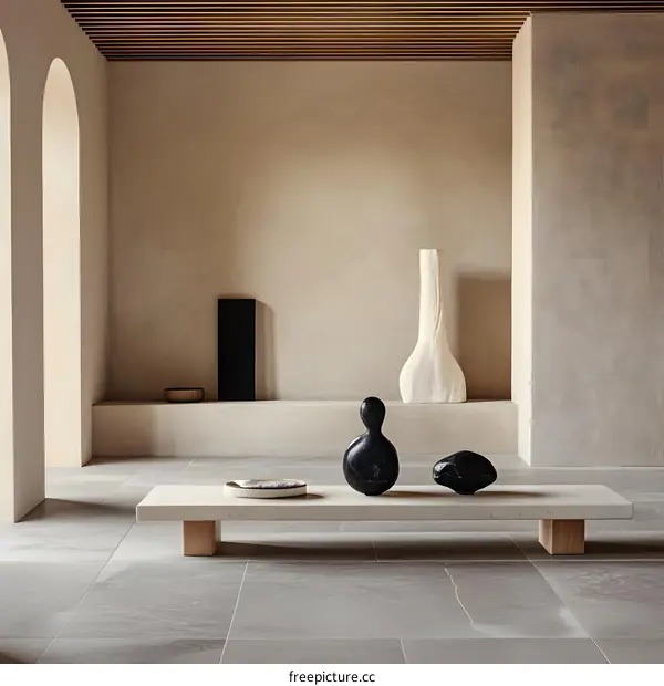 Minimalist Interior Design with Wooden Beams and Beige Walls