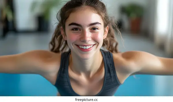 Smiling Woman Doing Yoga in Studio