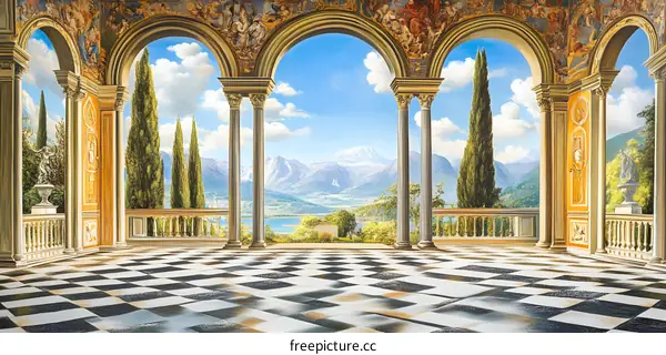 Classic Architecture Interior With View Of Mountains And Lake