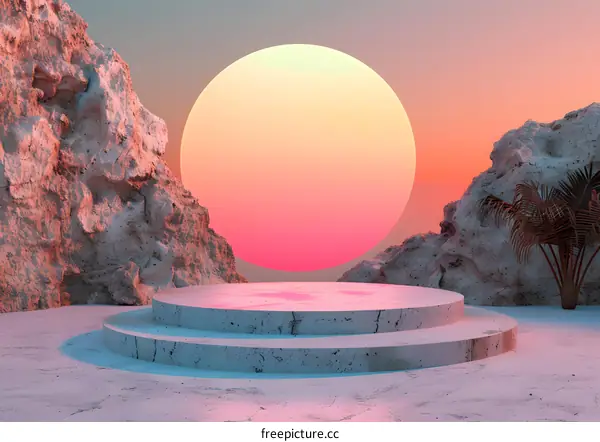 3D rendering of a podium in a rocky landscape with a large sun in the background.