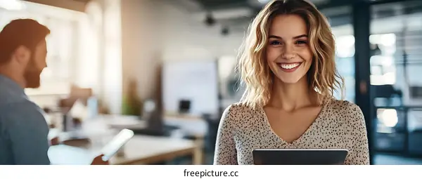 Smiling Woman Holding Tablet in Office