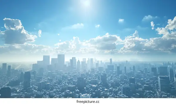 Cityscape Aerial View with Bright Sunlight and Clouds