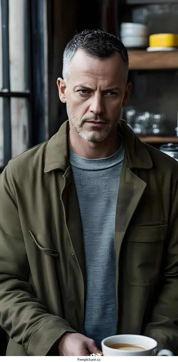 Man In Green Jacket Holding A Cup Of Coffee