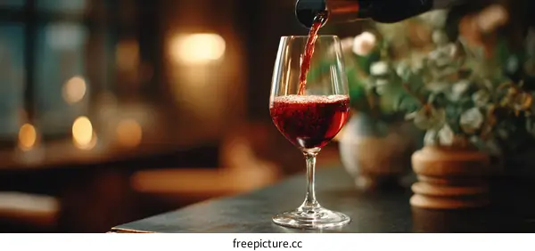 Red Wine Pouring into Glass in a Dark Restaurant