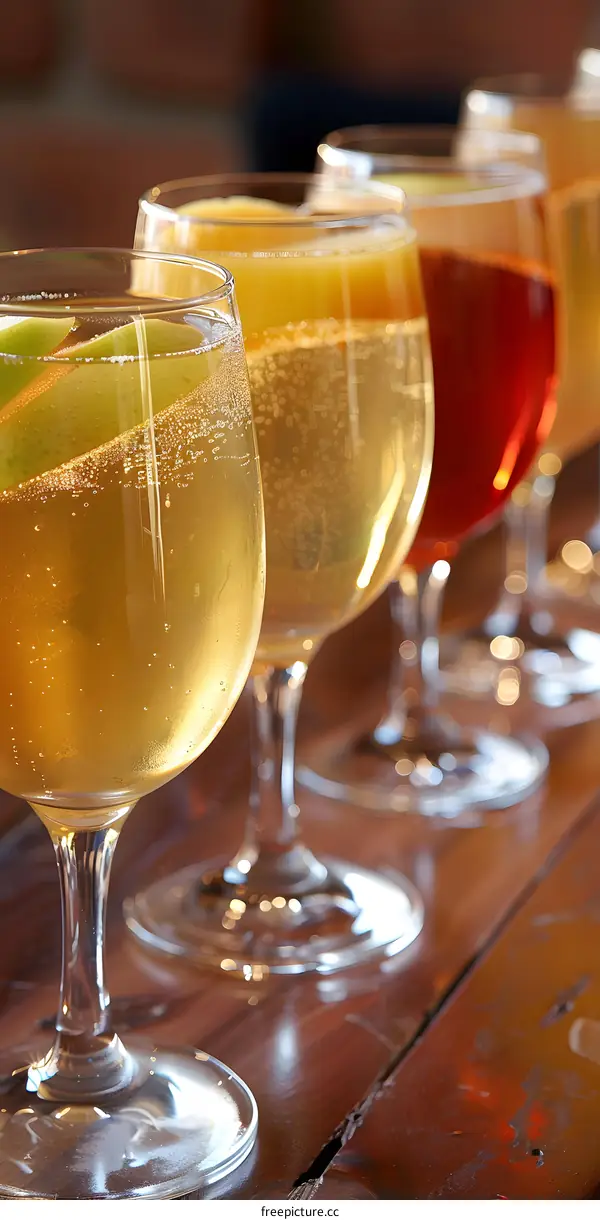Close Up of Four Glasses of Wine with Fruit on a Wooden Table