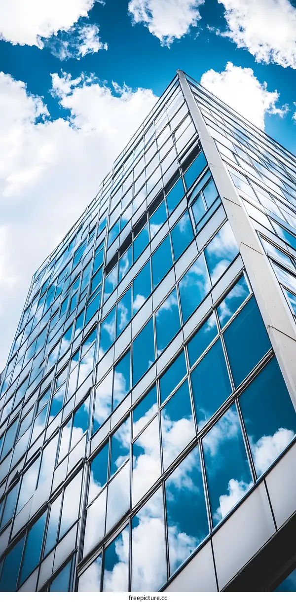Modern Glass Building Reflecting Blue Sky and Clouds