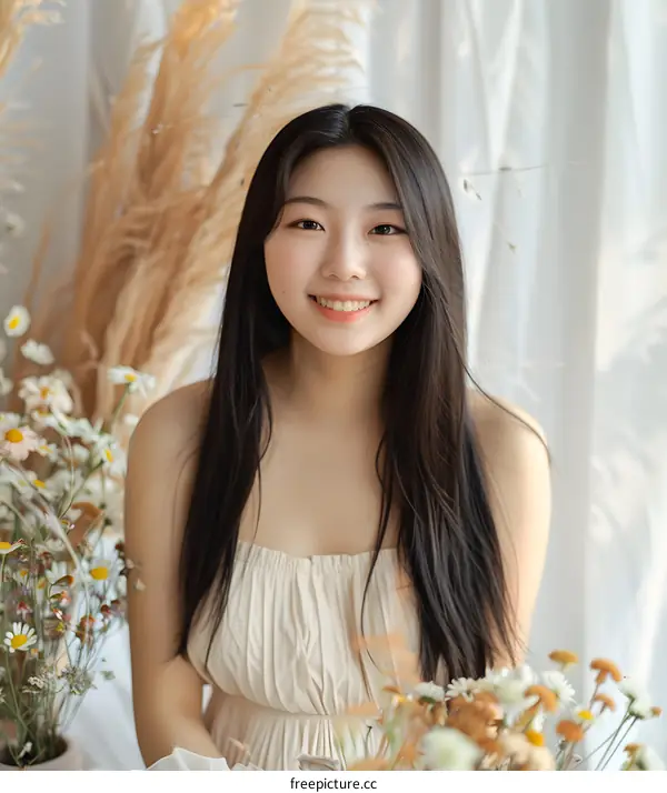 Portrait of a Young Asian Woman Smiling in Front of Flowers