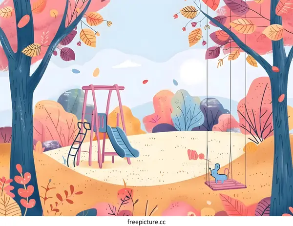 Cute Cartoon Illustration of a Playground in Autumn