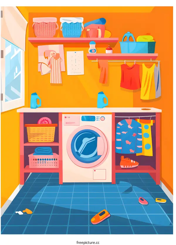 Colorful Laundry Room with Washer and Shelves