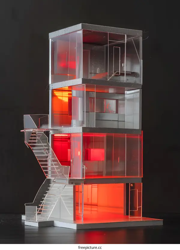 Modern House Model with Red Lighting