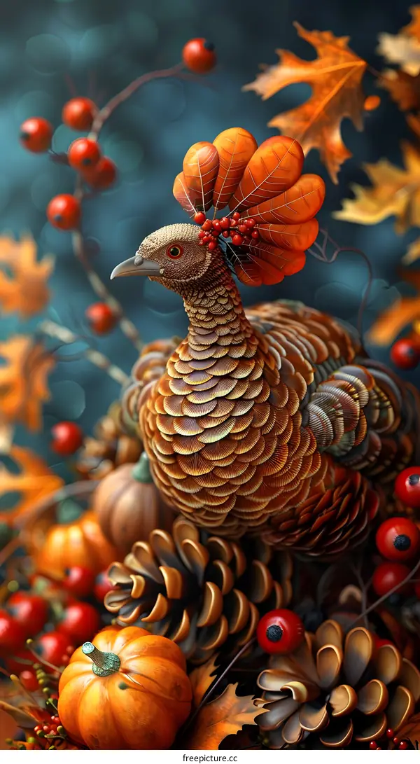 A Thanksgiving turkey surrounded by pumpkins, gourds, berries, and leaves