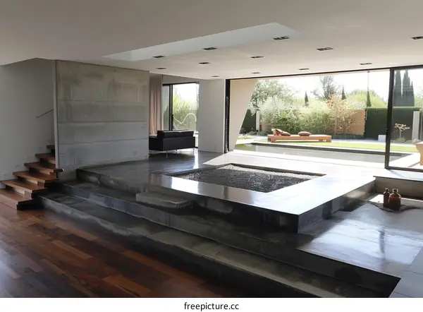 Modern Minimalist House Interior with Concrete Walls and Glass Windows